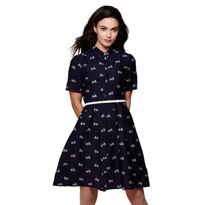 Blue bicycle belted shirt dress